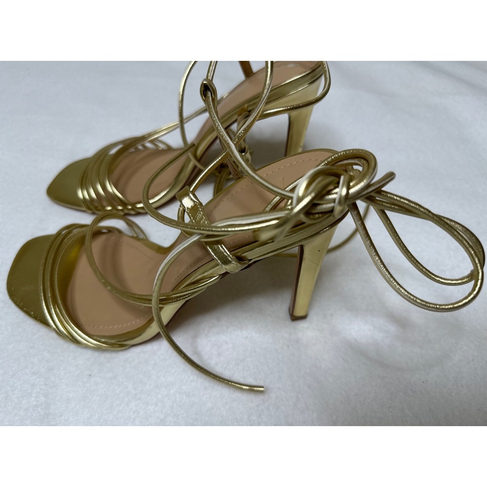 Tassle Sandals Women 10 Gold Metallic Lace Up Stiletto Good